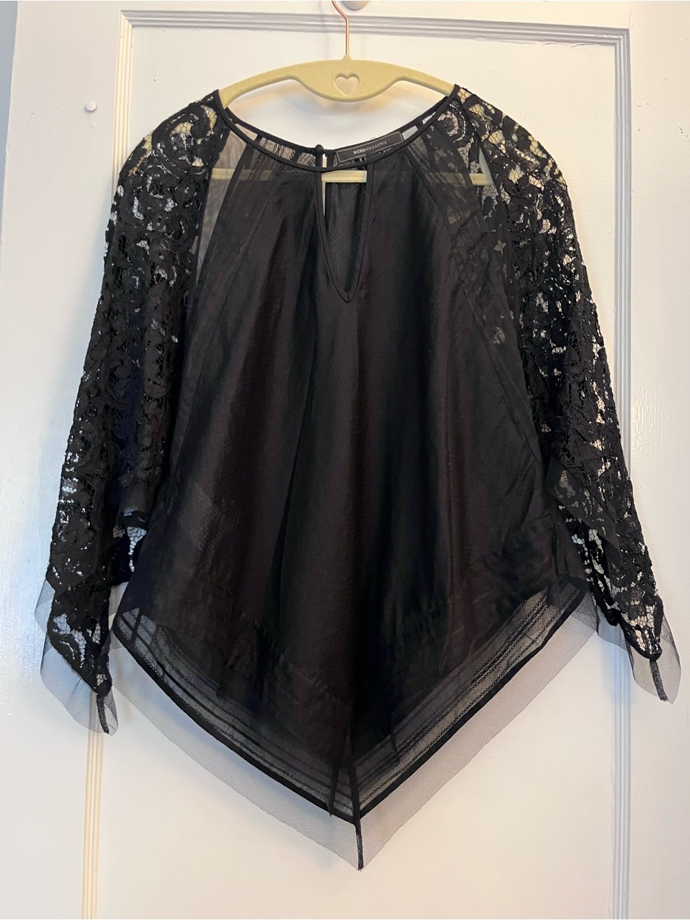 BCBGMaxAzria Black Lace Sleeve Handkerchief Hem Top